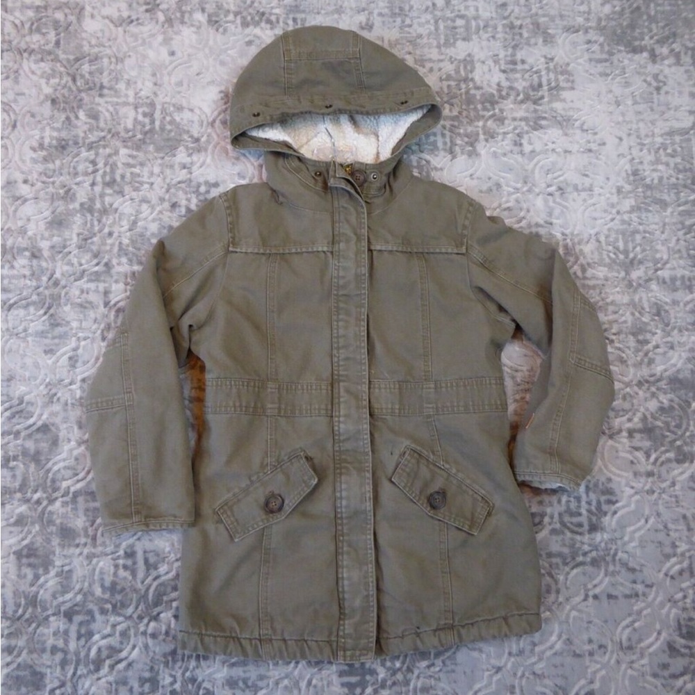 Carhartt Jacket Girls Large Khaki Sherpa Lined Canvas Hoodie Distressed